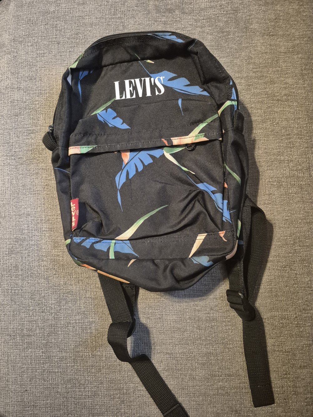 Levi's Black Mini Backpack with Blue and Green Tropical Leaves
